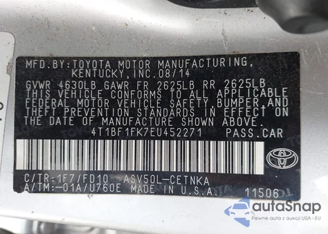 2014 Toyota Camry Le z USA, uszkodzony, nr VIN 4T1BF1FK7EU452271